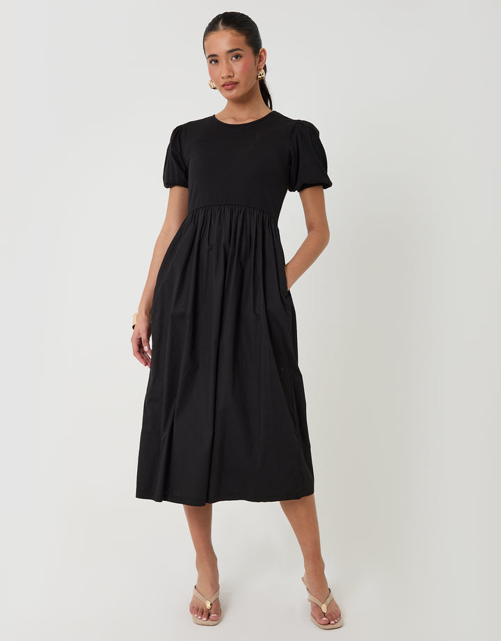 Threadbare Puff Sleeve Poplin Mix Dress Mondo in Black - front full body