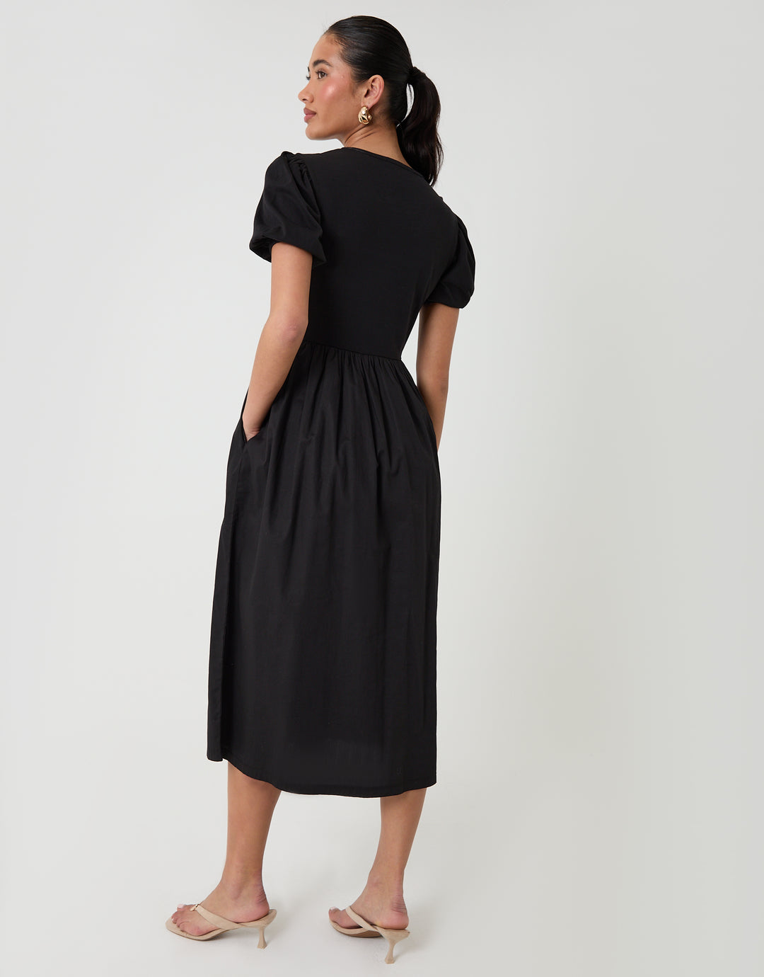 Threadbare Puff Sleeve Poplin Mix Dress Mondo in Black - back view