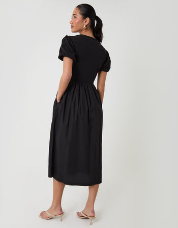 Threadbare Puff Sleeve Poplin Mix Dress Mondo in Black - back view