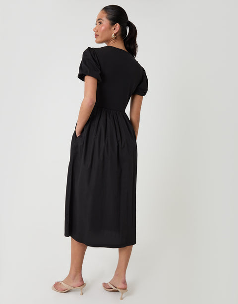 Threadbare Puff Sleeve Poplin Mix Dress Mondo in Black - back view
