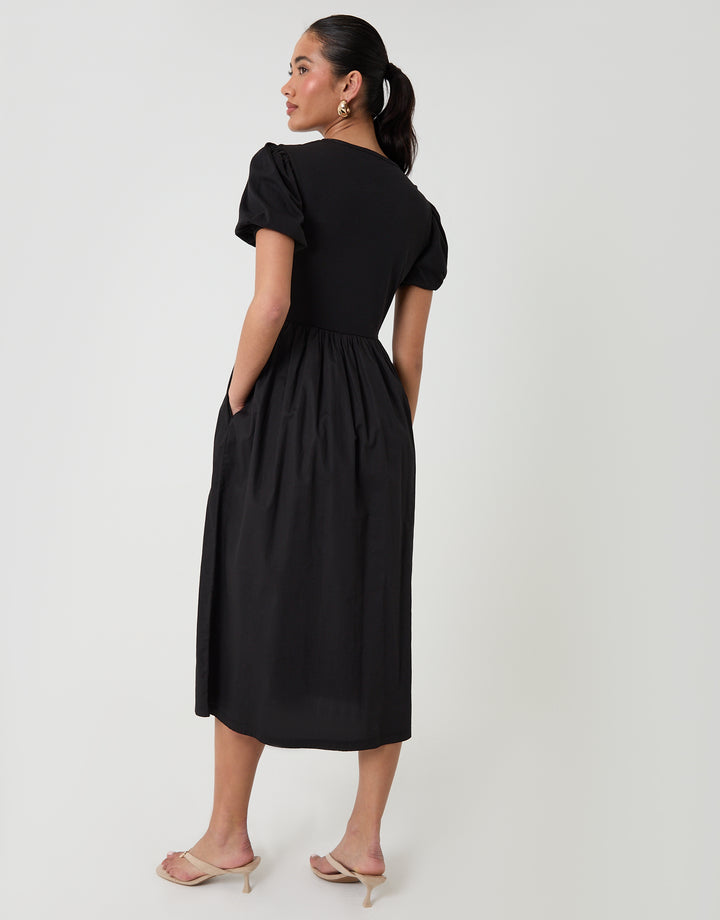 Threadbare Puff Sleeve Poplin Mix Dress Mondo in Black - back view