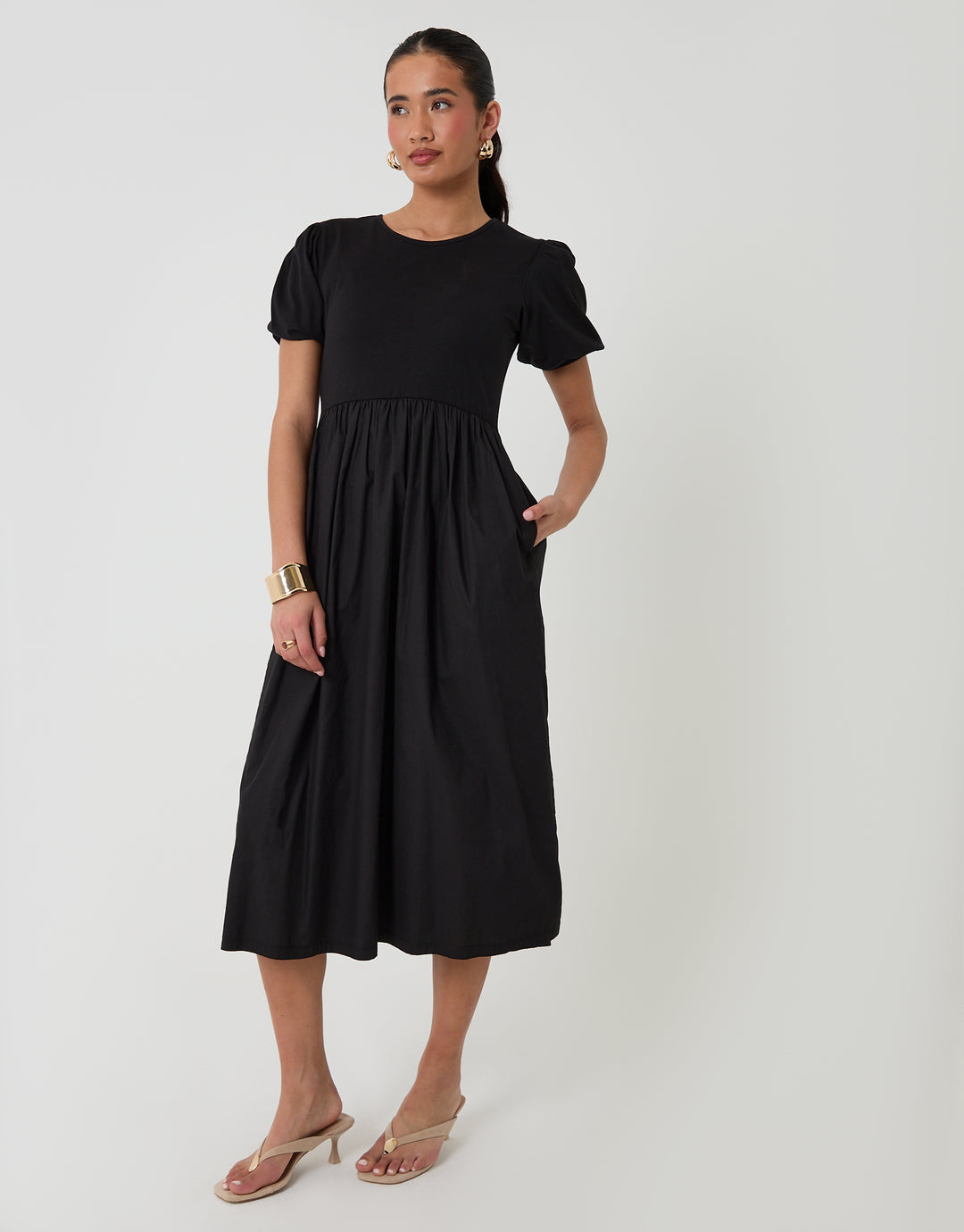 Threadbare Puff Sleeve Poplin Mix Dress Mondo in Black - full body
