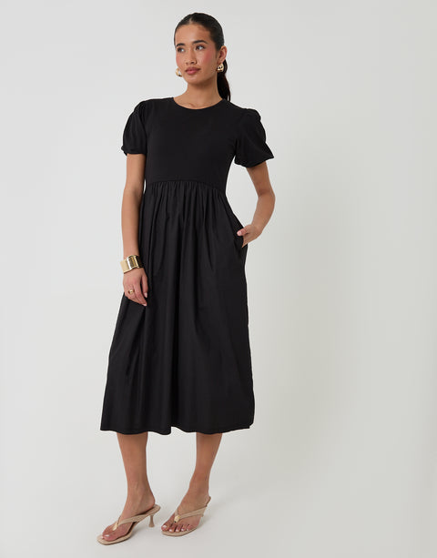 Threadbare Puff Sleeve Poplin Mix Dress Mondo in Black - full body