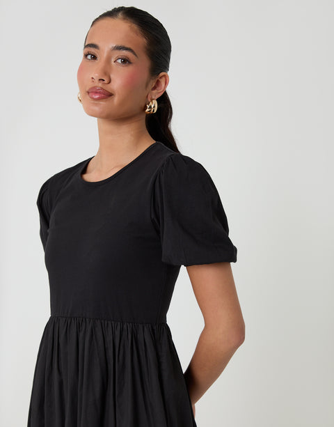 Threadbare Puff Sleeve Poplin Mix Dress Mondo in Black - close up
