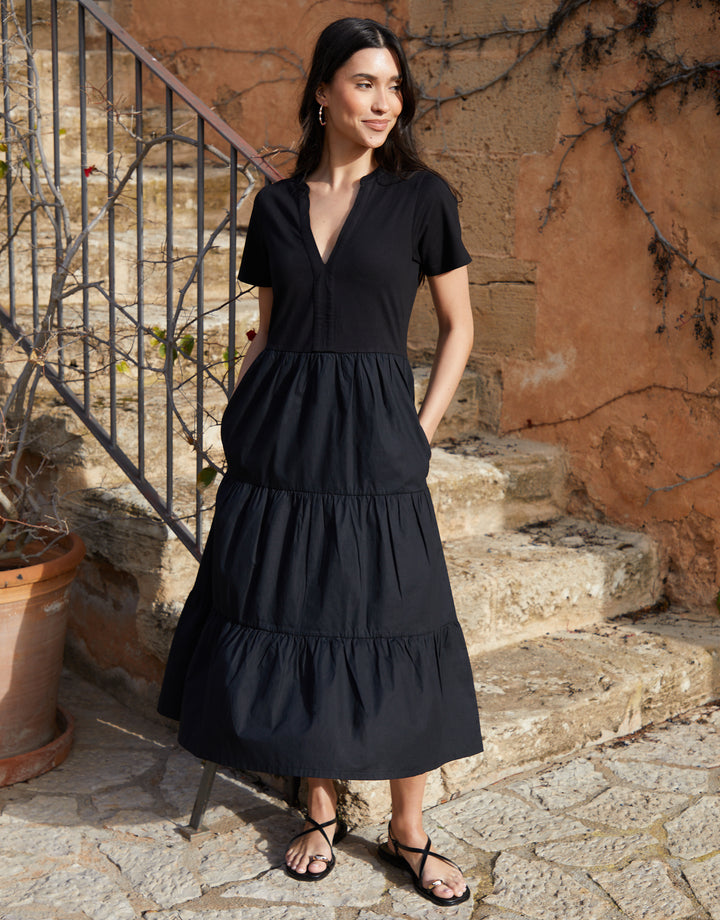 Black Tiered Jersey Poplin Mix Maxi Dress
