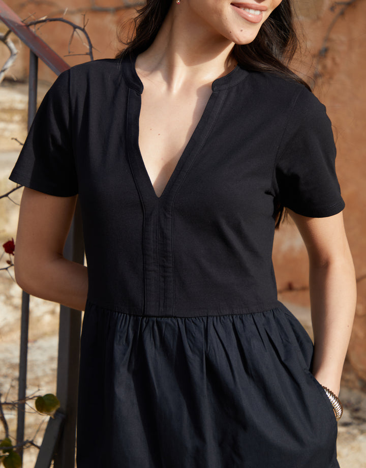 Black Tiered Jersey Poplin Mix Maxi Dress