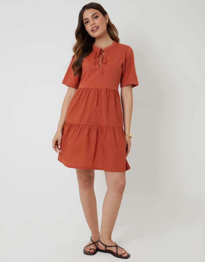 Rust Orange Tiered Jersey Poplin Mix Mini Dress