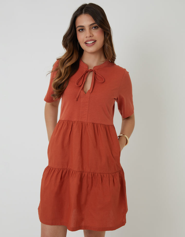 Rust Orange Tiered Jersey Poplin Mix Mini Dress