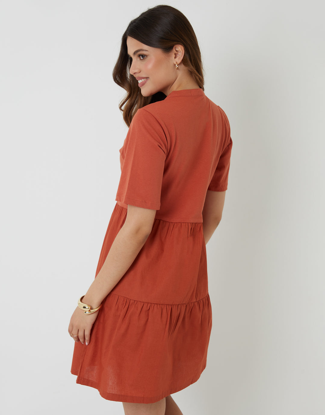 Rust Orange Tiered Jersey Poplin Mix Mini Dress