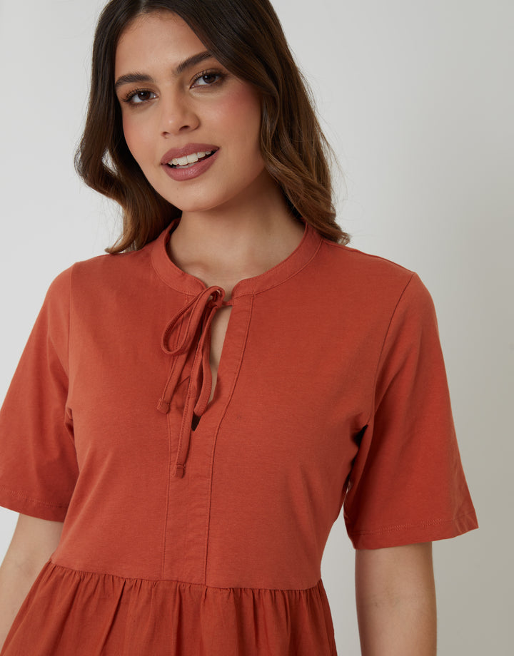 Rust Orange Tiered Jersey Poplin Mix Mini Dress