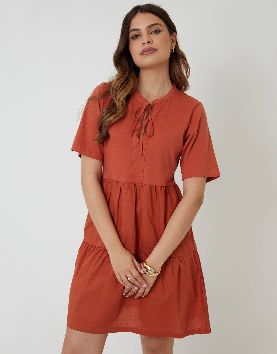Rust Orange Tiered Jersey Poplin Mix Mini Dress