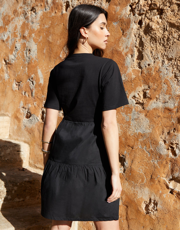 Black Tiered Jersey Poplin Mix Mini Dress