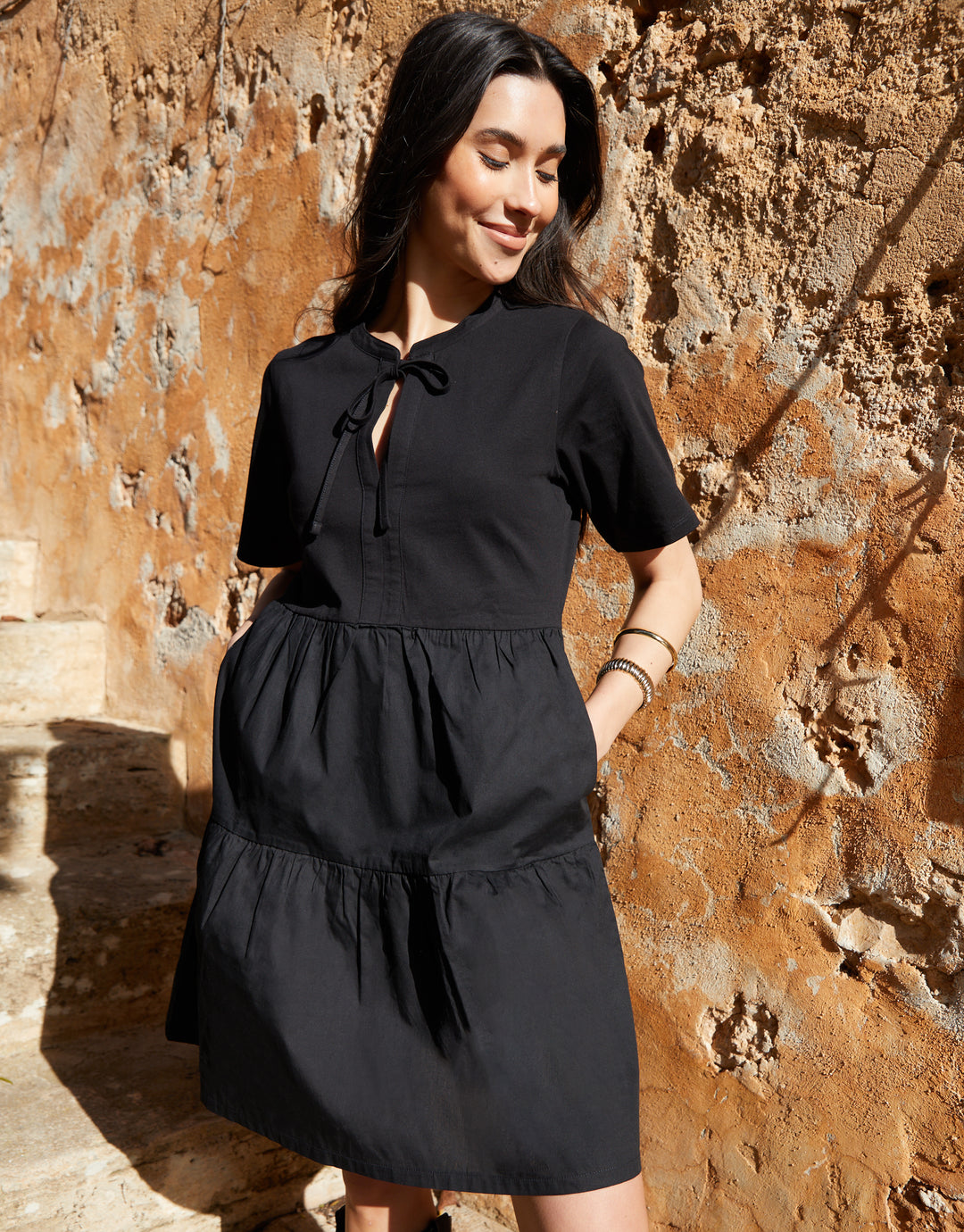 Black Tiered Jersey Poplin Mix Mini Dress