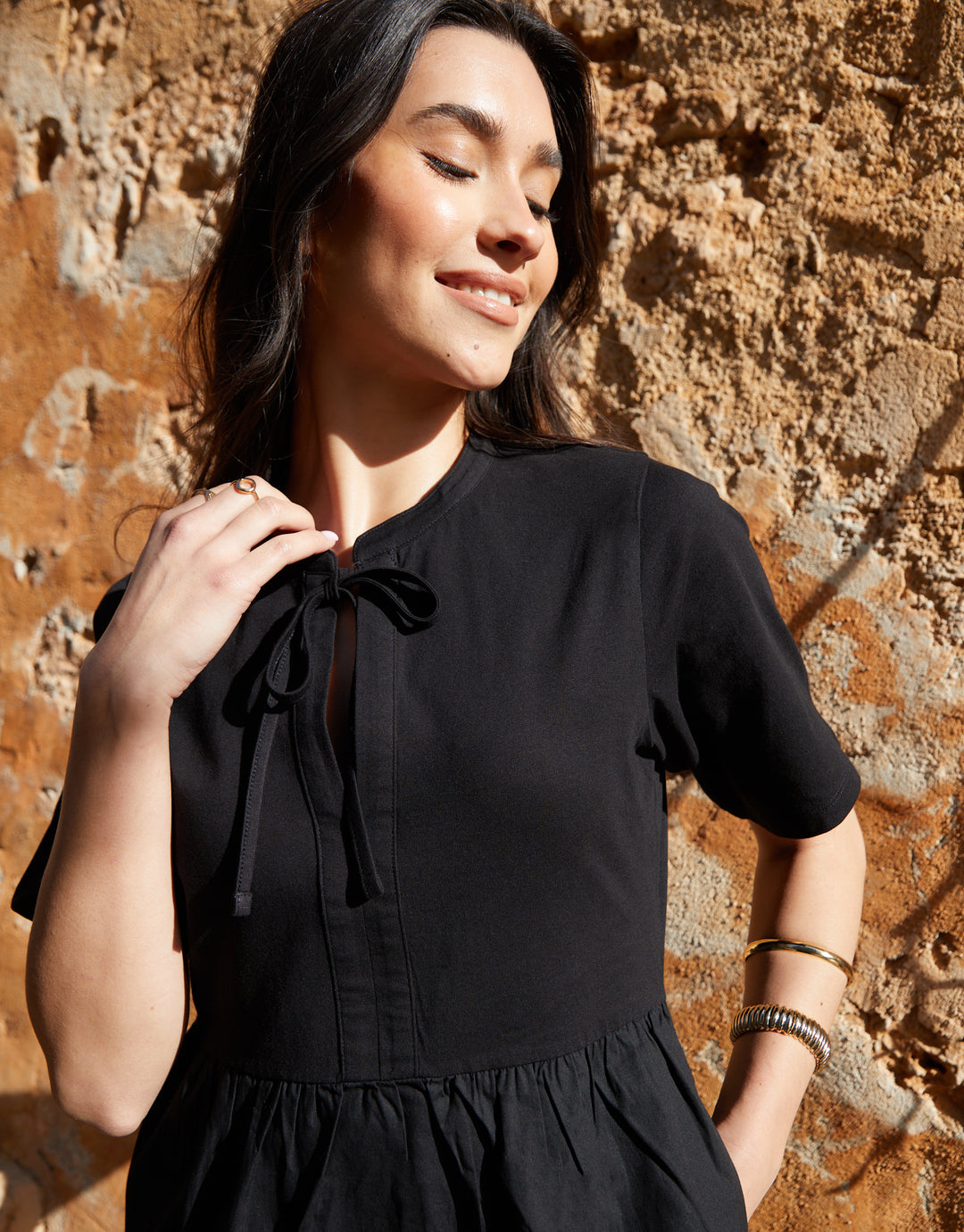 Black Tiered Jersey Poplin Mix Mini Dress