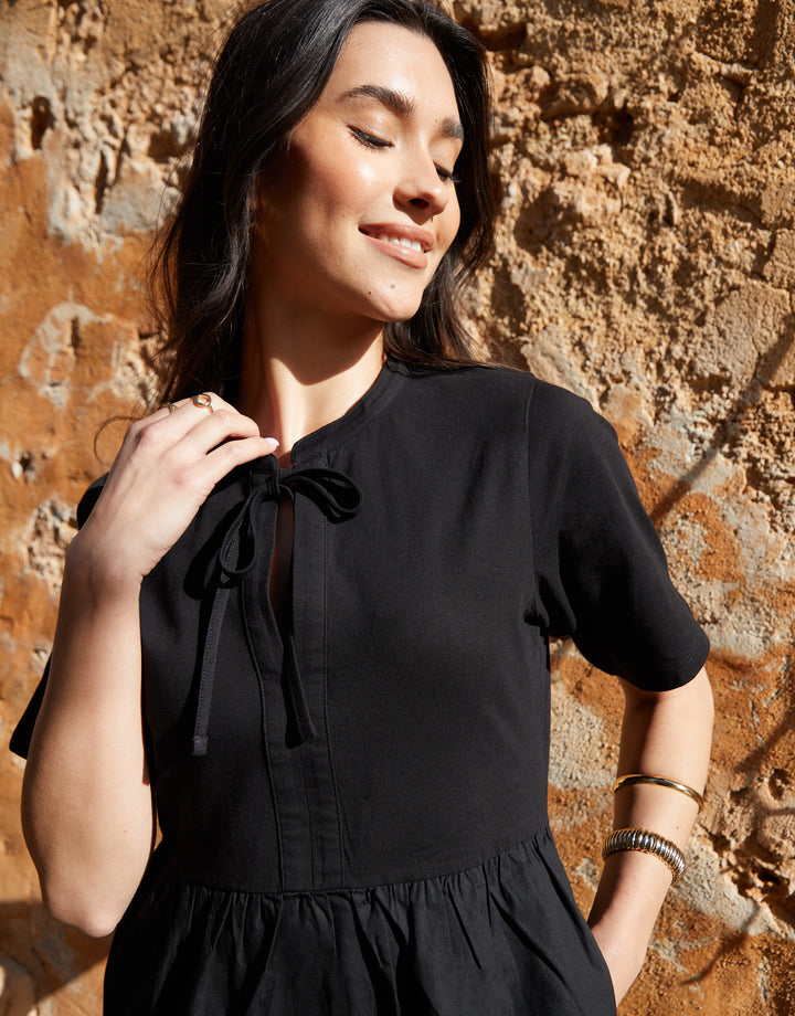 Black Tiered Jersey Poplin Mix Mini Dress