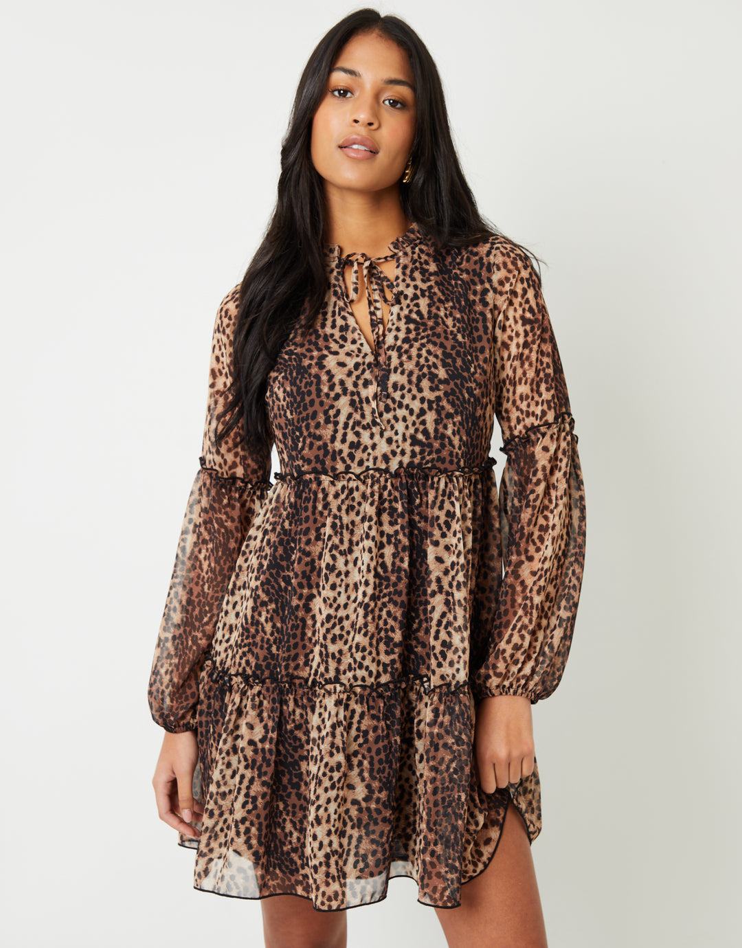 Threadbare Women's Leopard Print Tiered Chiffon Mini Dress Threadbare Women's Leopard Print Tiered Chiffon Mini Dress