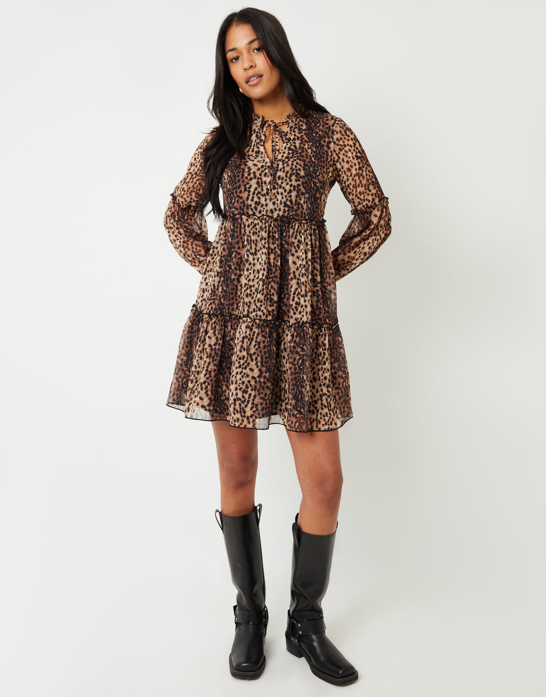 Leopard Print Tiered Chiffon Mini Dress