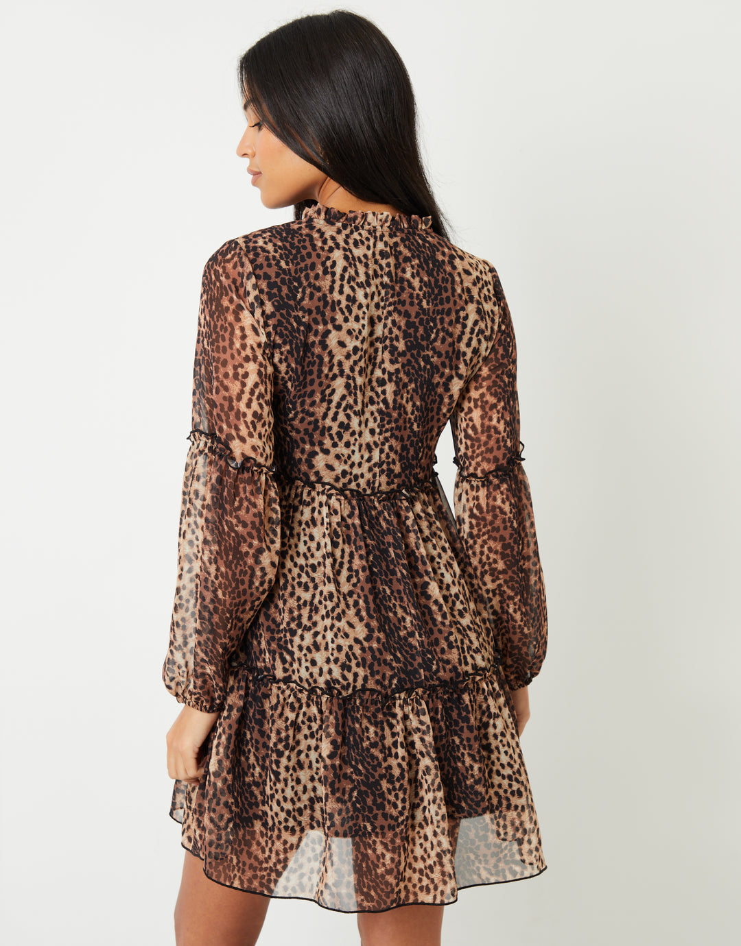 Leopard Print Tiered Chiffon Mini Dress