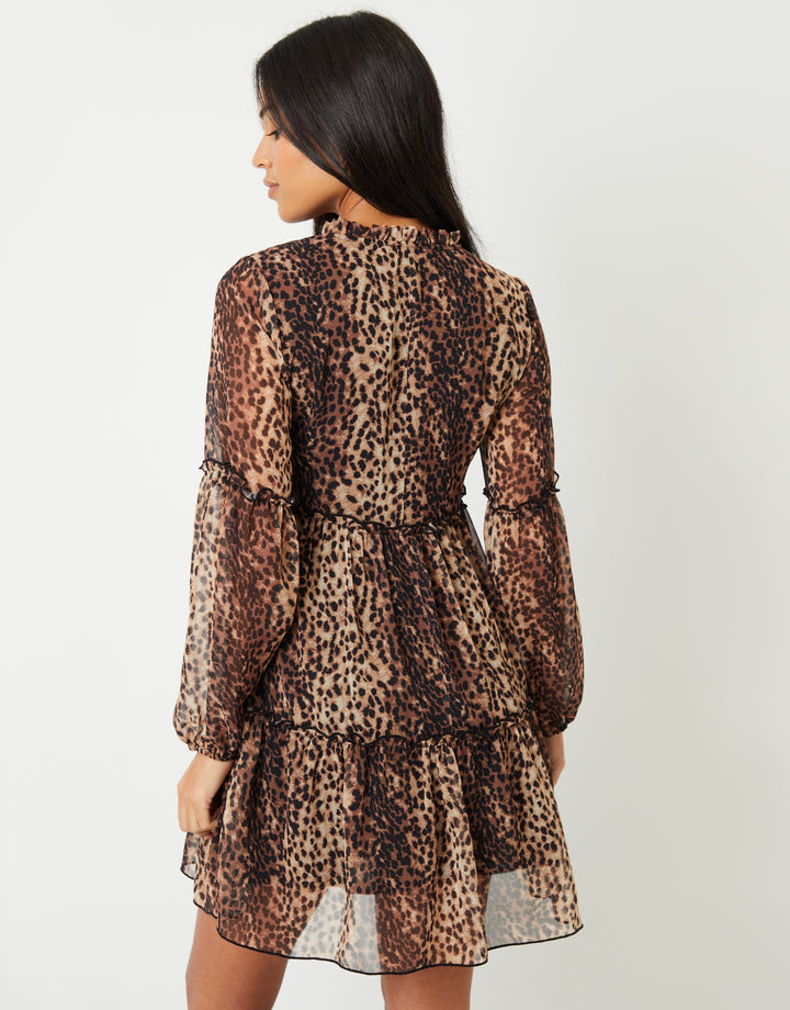 Leopard Print Tiered Chiffon Mini Dress