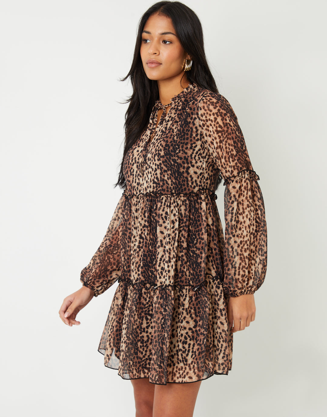 Leopard Print Tiered Chiffon Mini Dress