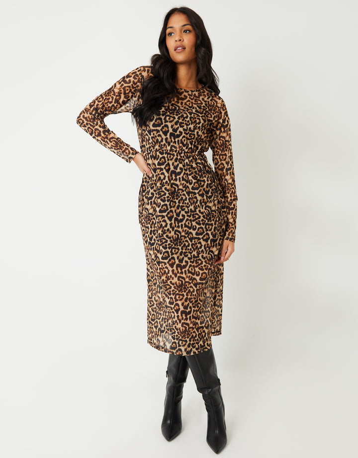 Leopard Print Long Sleeve Sheer Maxi Dress