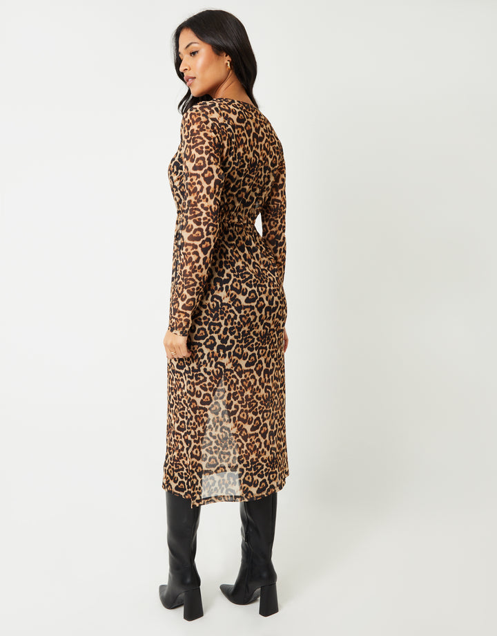 Leopard Print Long Sleeve Sheer Maxi Dress