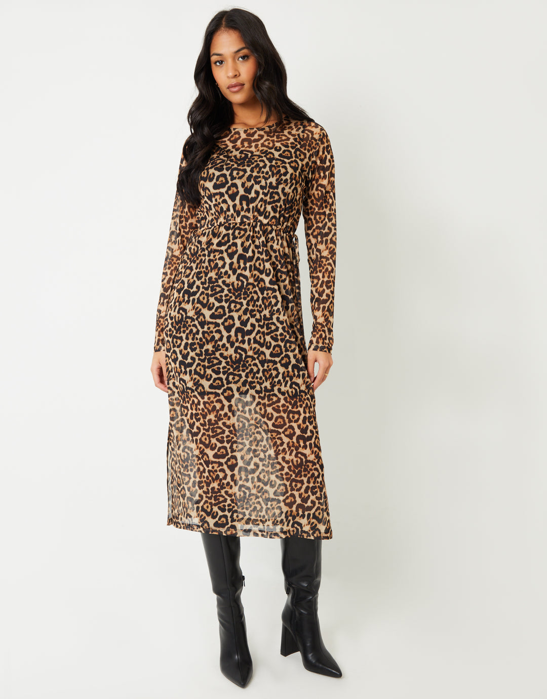 Leopard Print Long Sleeve Sheer Maxi Dress