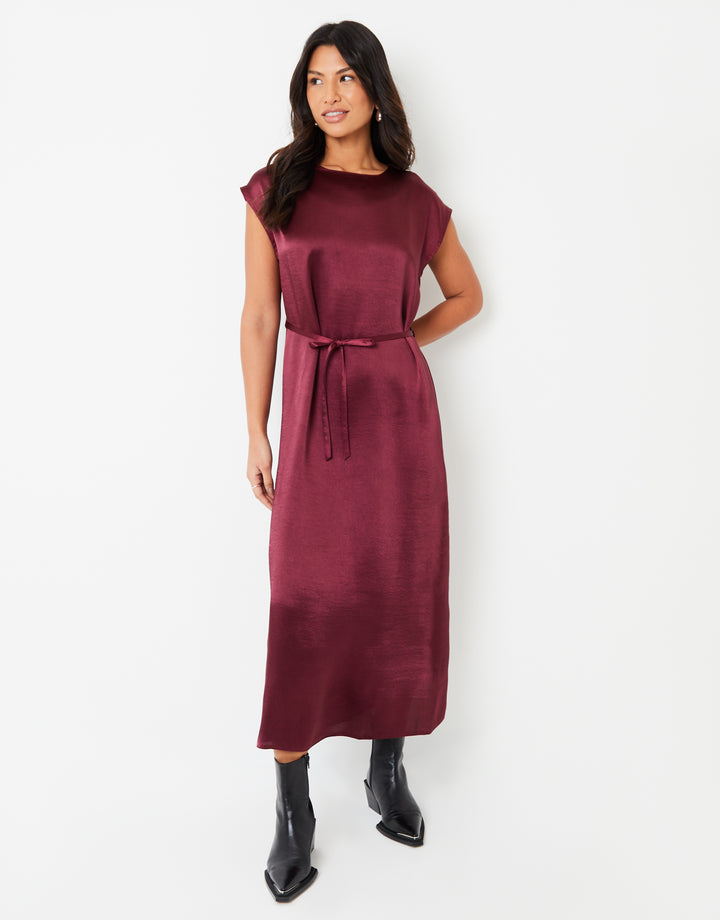 Burgundy Belted Satin Column Maxi Dress