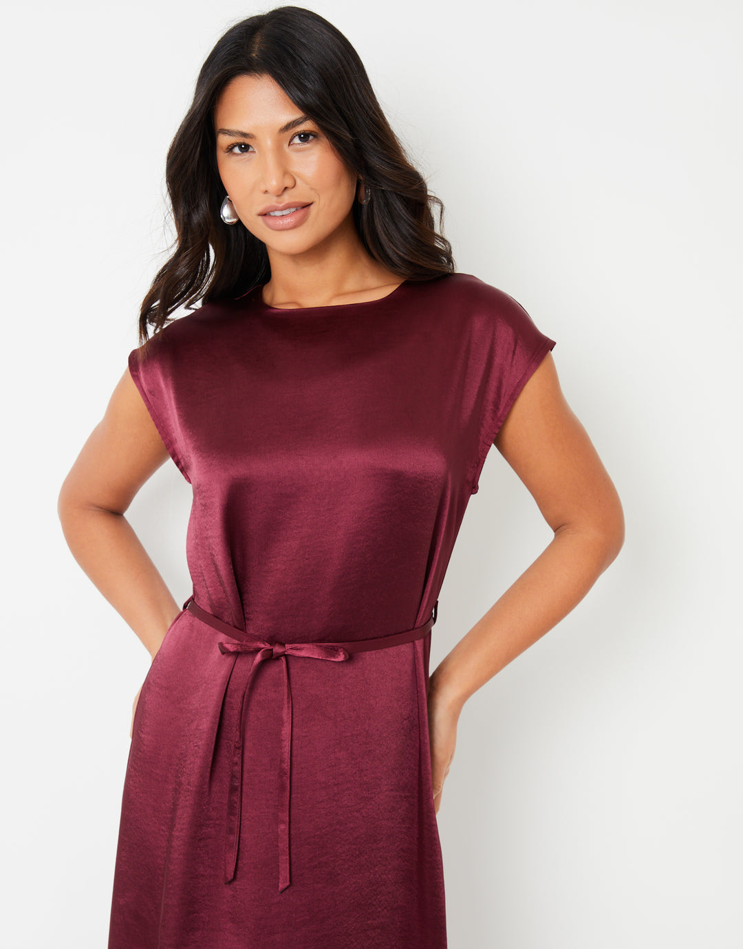 Burgundy Belted Satin Column Maxi Dress