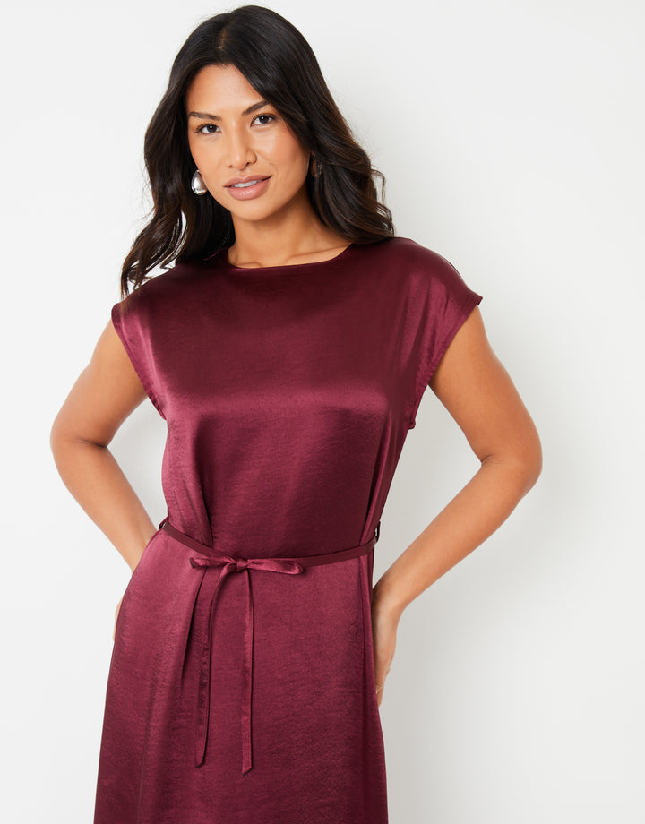 Burgundy Belted Satin Column Maxi Dress