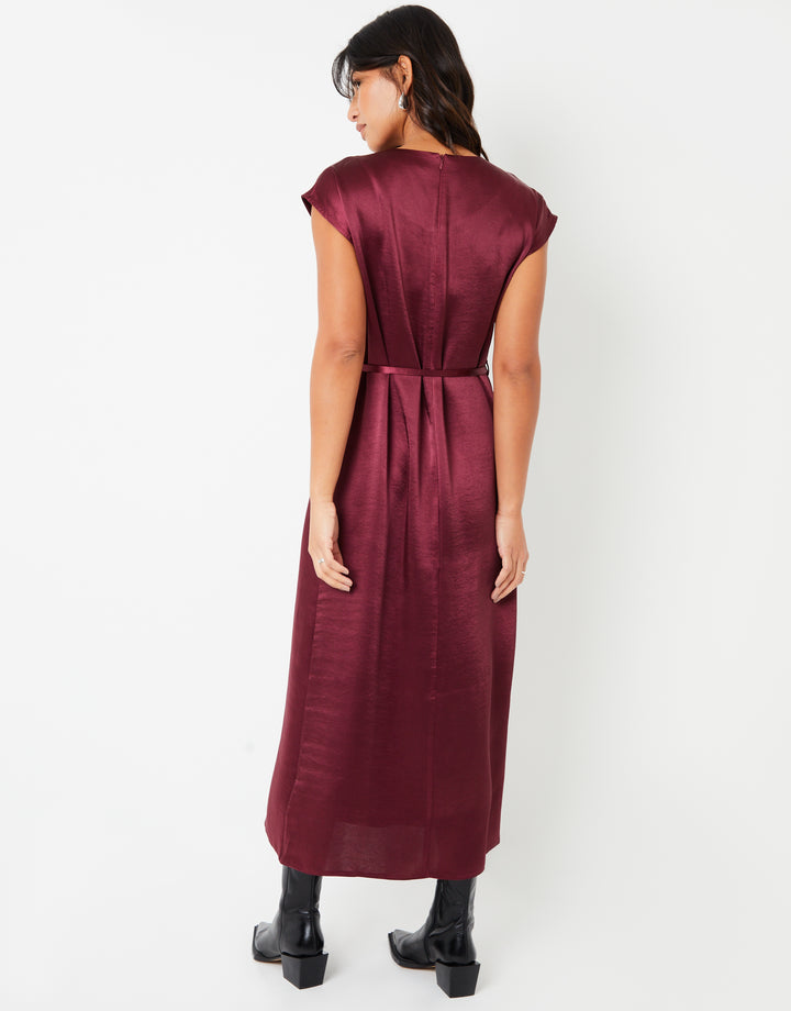 Burgundy Belted Satin Column Maxi Dress