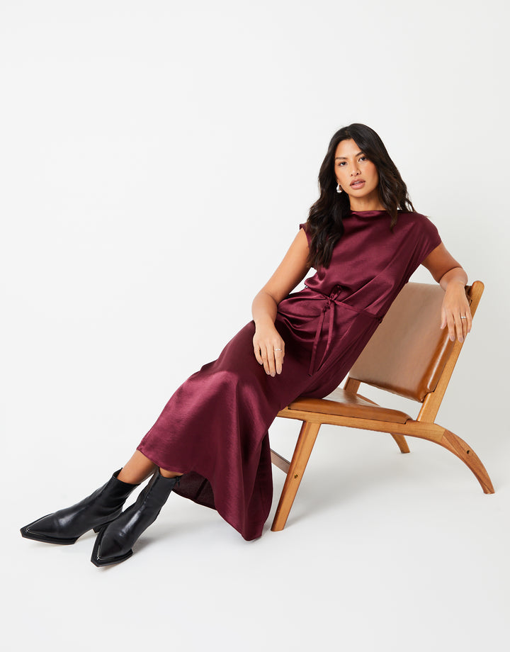 Burgundy Belted Satin Column Maxi Dress
