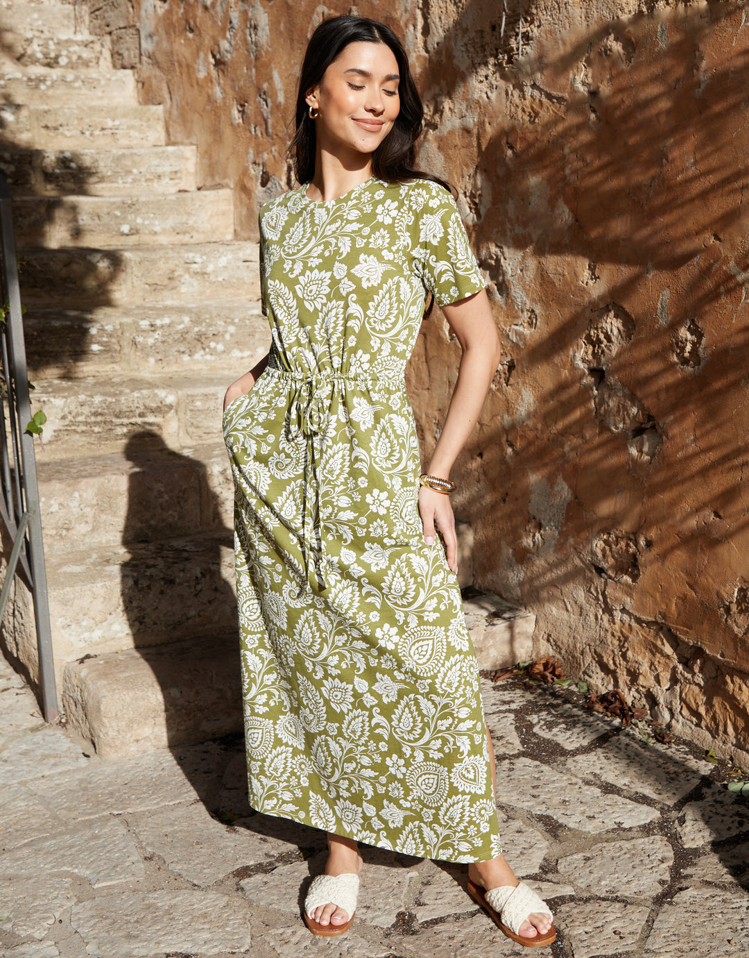 Threadbare Women's Khaki Green Paisley Print Ruched Waist Jersey Midi Dress Threadbare Women's Khaki Green Paisley Print Ruched Waist Jersey Midi Dress
