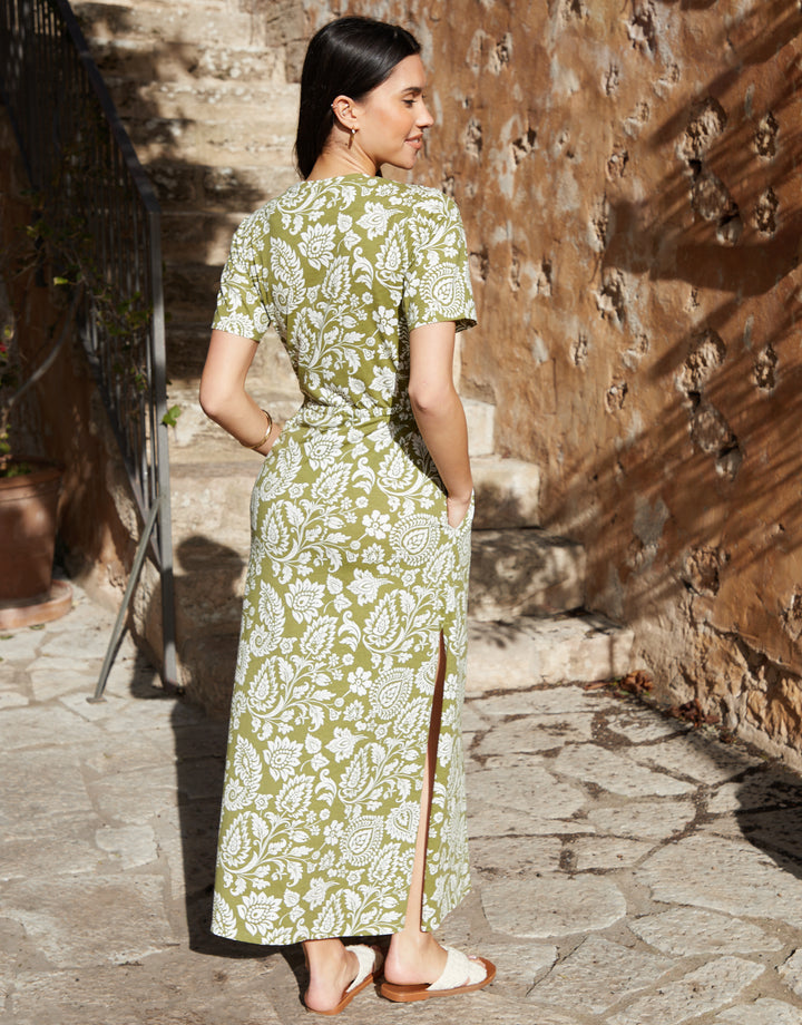 Khaki Green Paisley Print Ruched Waist Jersey Midi Dress