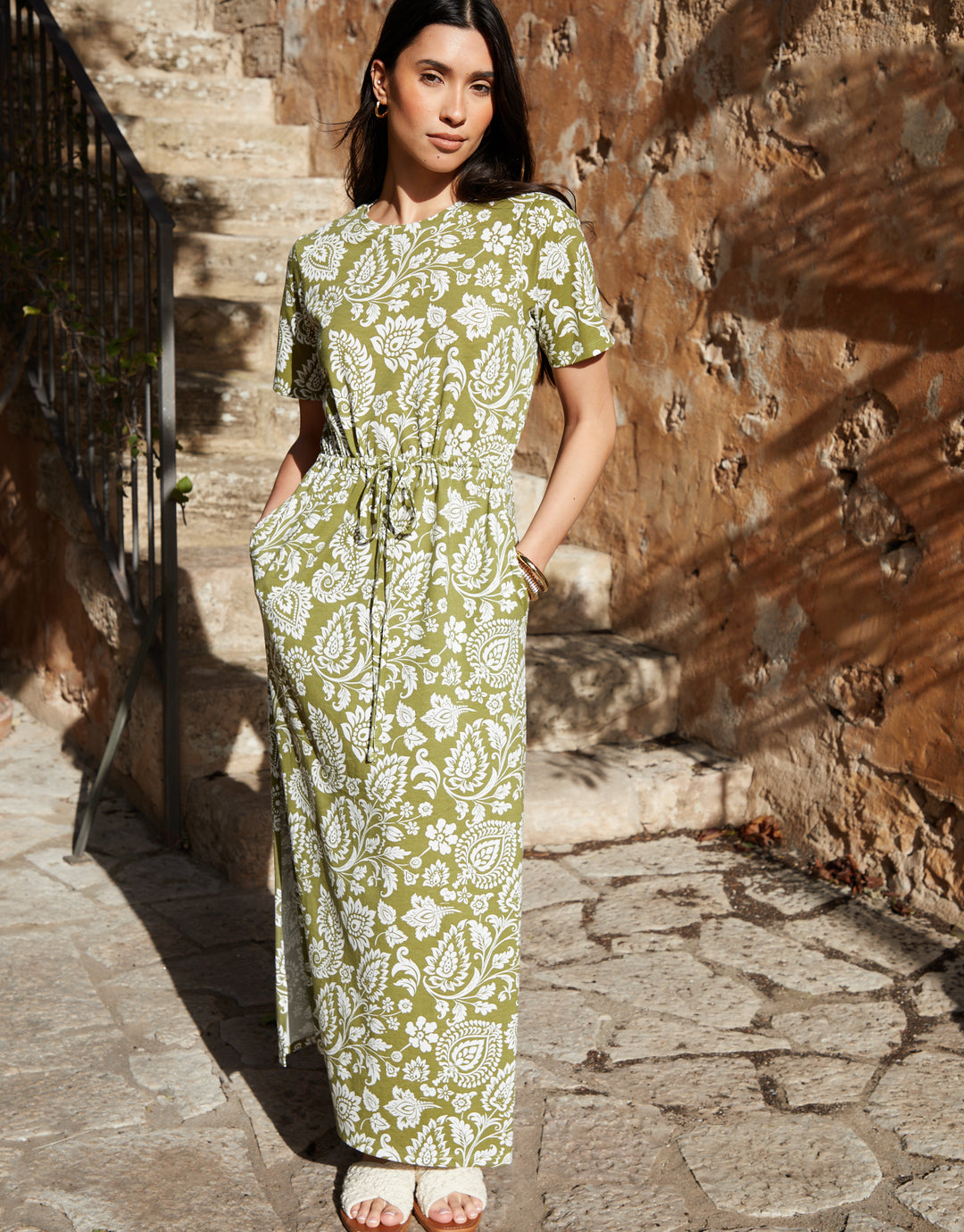 Khaki Green Paisley Print Ruched Waist Jersey Midi Dress