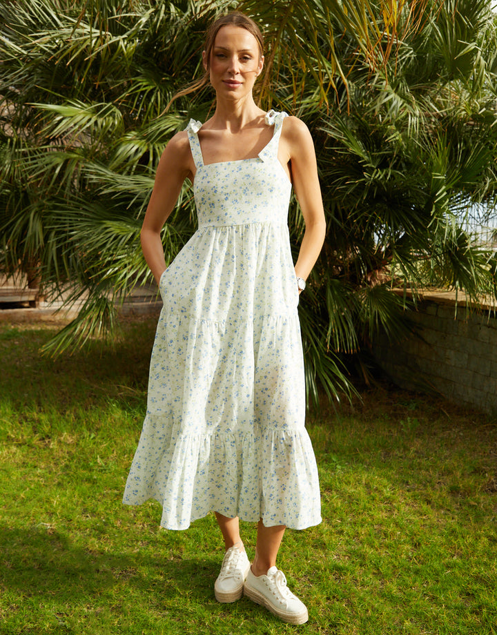White Floral Print Tiered Linen Blend Maxi Dress
