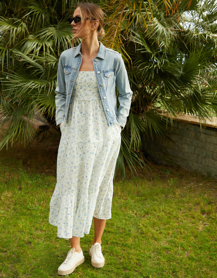 White Floral Print Tiered Linen Blend Maxi Dress