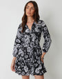 Paisley Print V-Neck Belted Shirt Dress in Black