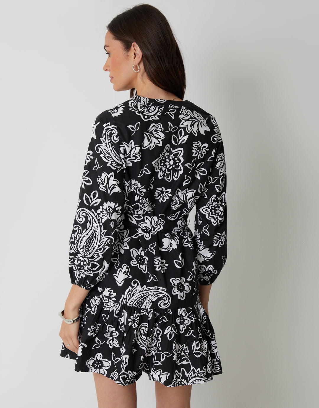 Paisley Print V-Neck Belted Shirt Dress in Black