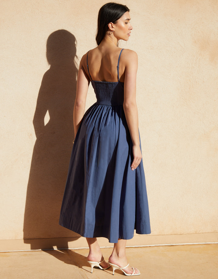 Blue V Neck Fit & Flare Midi Dress