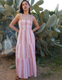 Pink Check Shirred Gauze Tiered Midi Dress