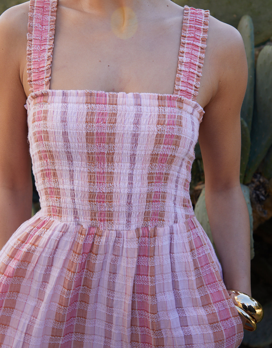 Pink Check Shirred Gauze Tiered Midi Dress