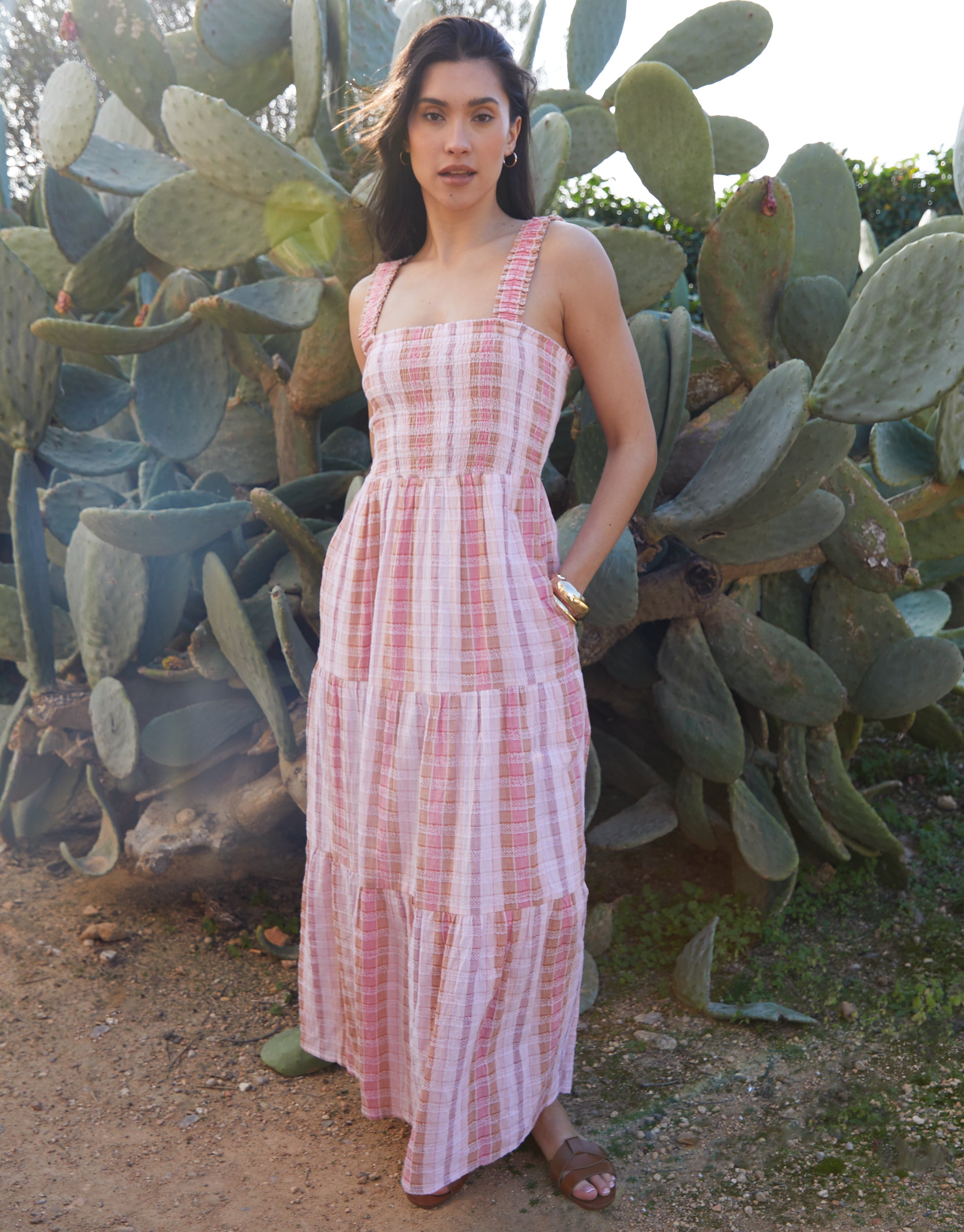 Threadbare Women's Pink Check Shirred Gauze Tiered Midi Dress