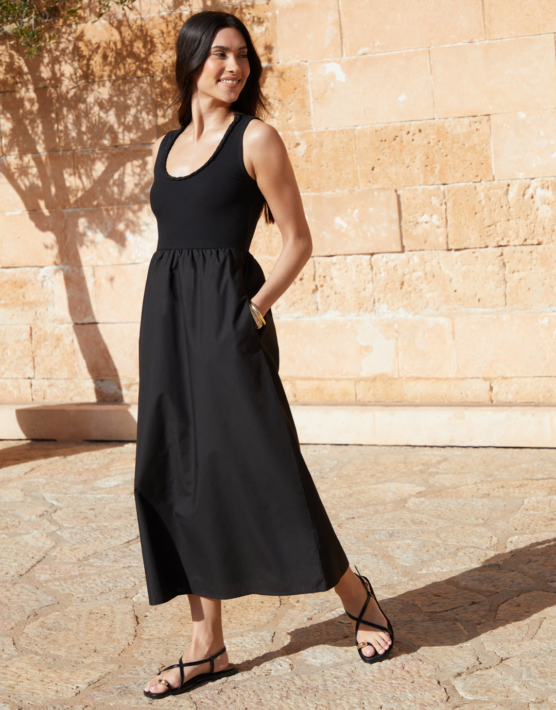 Black Sleeveless Rib Jersey 2-in-1 Midi Dress with Poplin Skirt