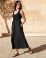 Black Sleeveless Rib Jersey 2-in-1 Midi Dress with Poplin Skirt