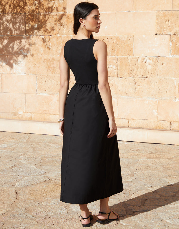 Black Sleeveless Rib Jersey 2-in-1 Midi Dress with Poplin Skirt