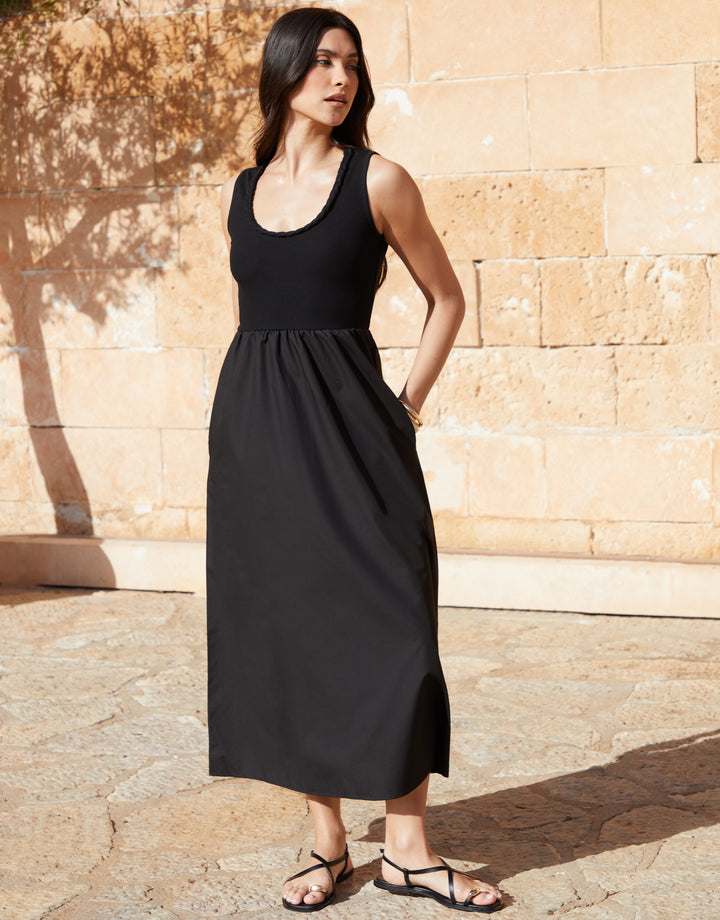 Black Sleeveless Rib Jersey 2-in-1 Midi Dress with Poplin Skirt