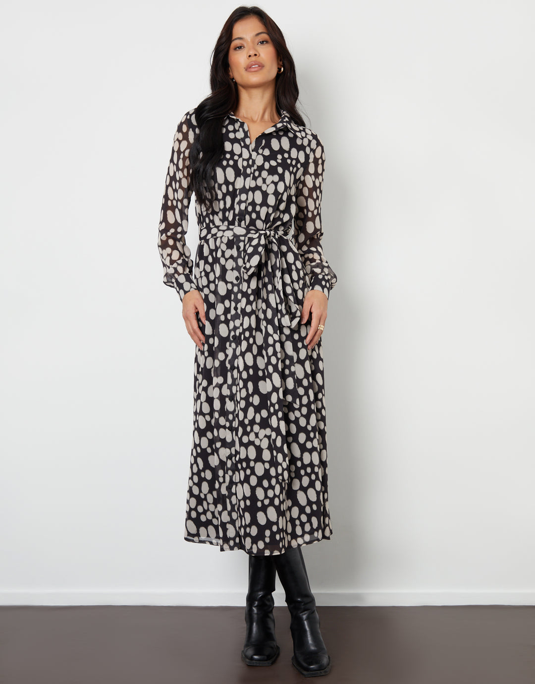 Spotted Chiffon Belted Maxi Shirt Dress in Black Polka Dot