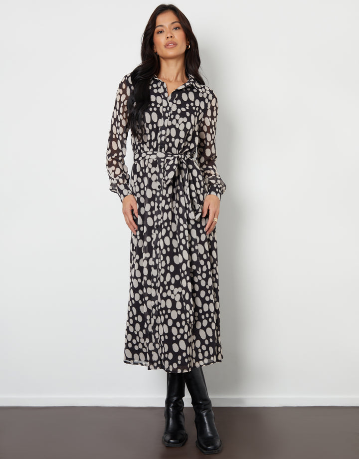 Spotted Chiffon Belted Maxi Shirt Dress in Black Polka Dot