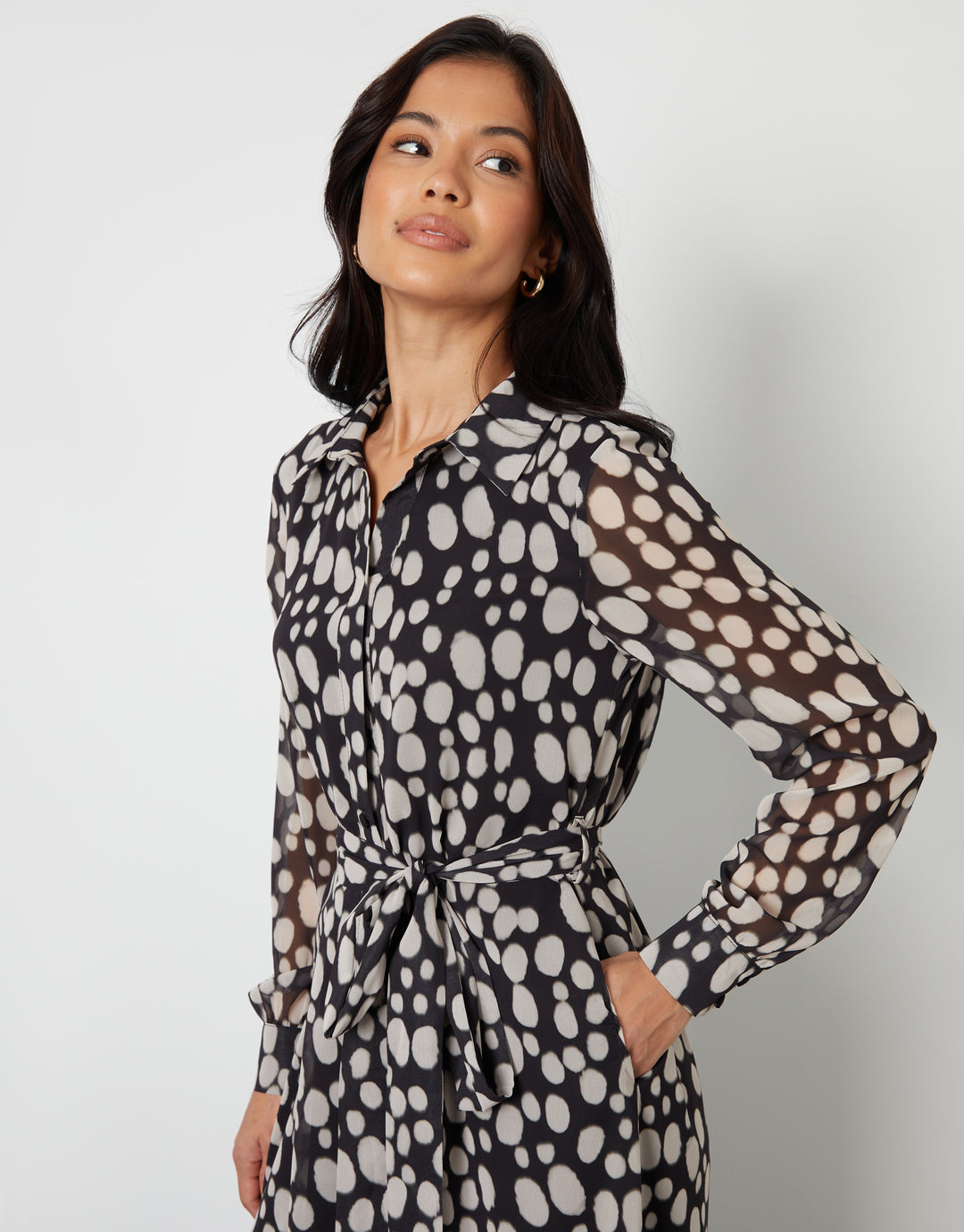 Spotted Chiffon Belted Maxi Shirt Dress in Black Polka Dot